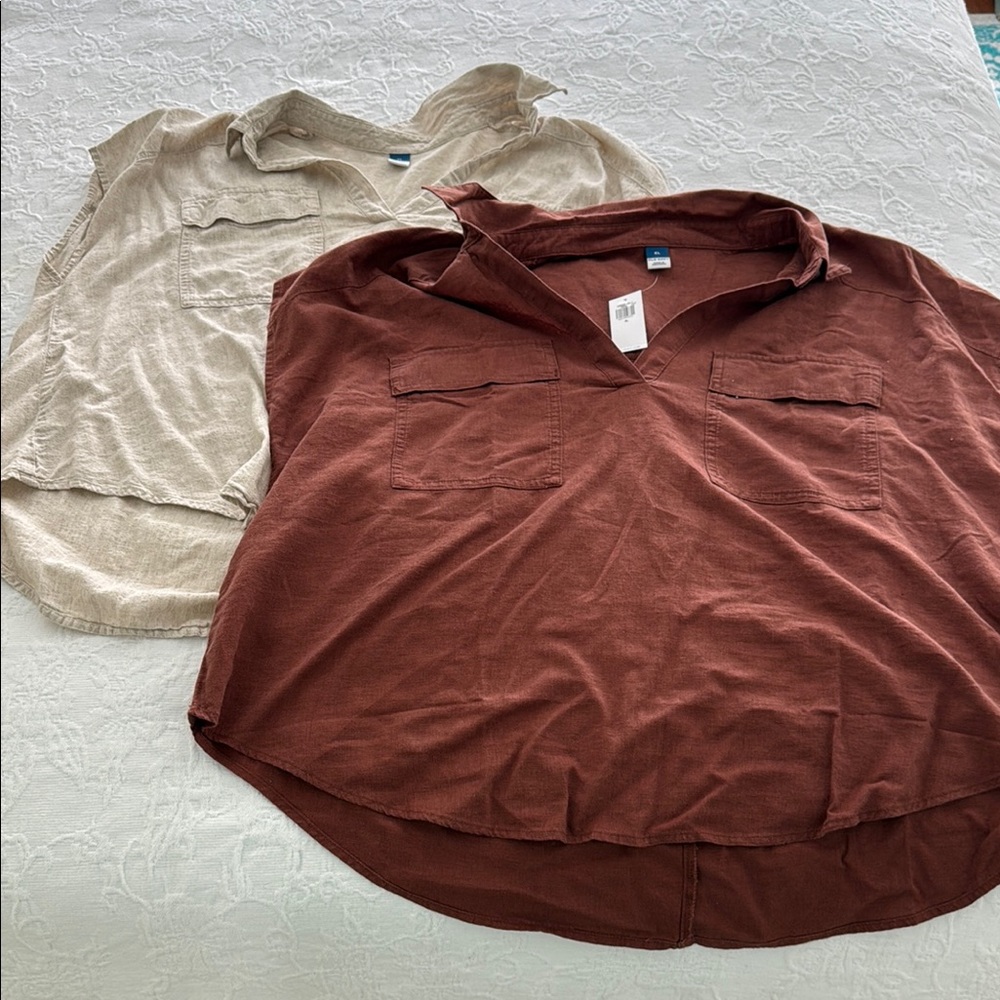 Brown and Beige Casual Shirts linen blouse old navy set of 2 XL